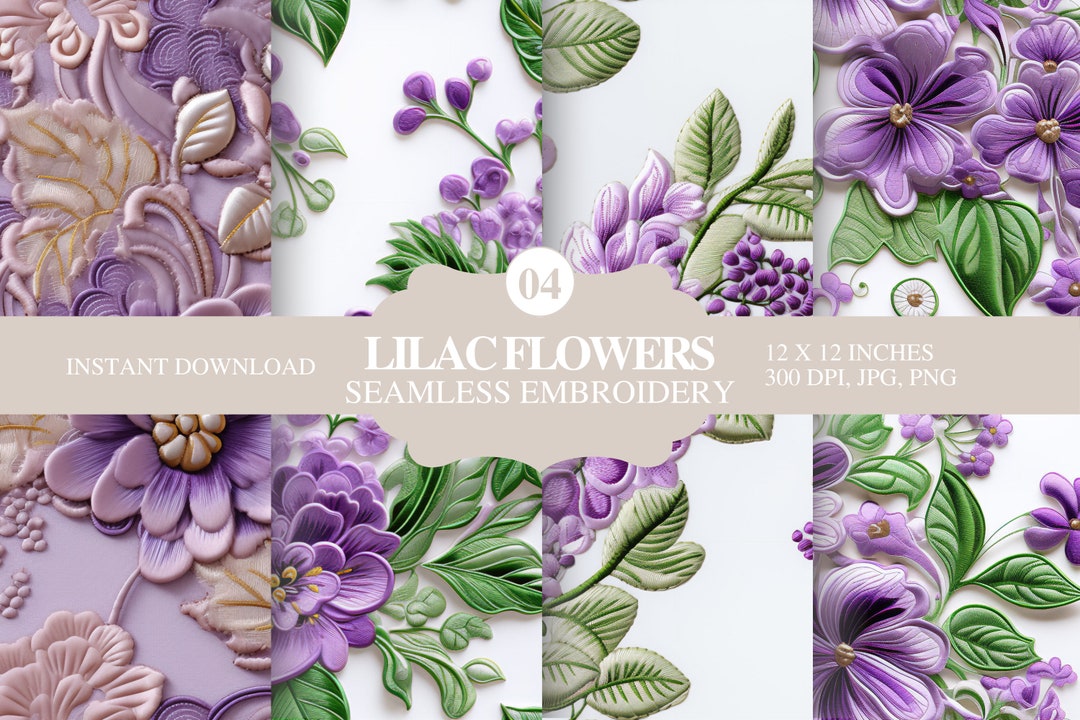 Set of 4 Digital Seamless Lilac Embroidery Files Pattern Textures ...