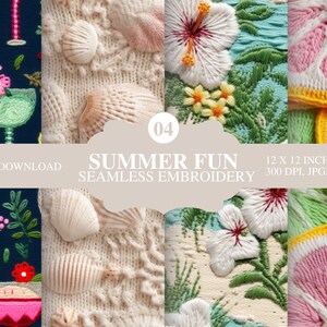 May include: Four digital embroidery patterns featuring summer themes. The patterns include a cocktail glass, seashells, a hibiscus flower, and a slice of citrus fruit. Each pattern is 12 inches by 12 inches and 300 DPI.