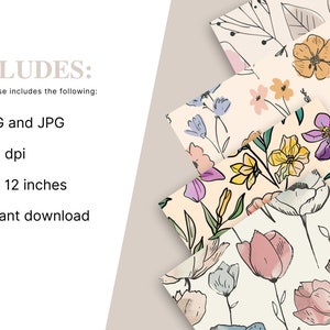 Set of 6 Digital Seamless Paper Textures | Cute Outlined Pastel Floral ...