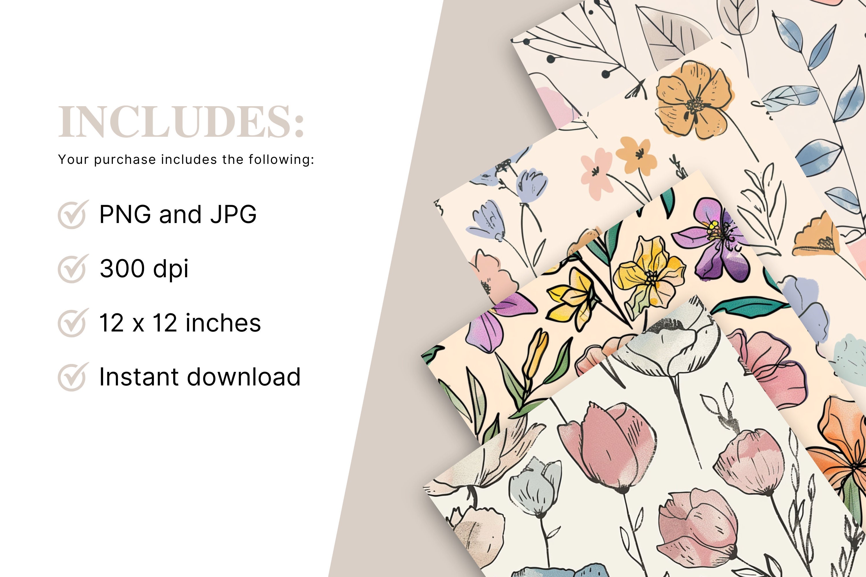 Set of 6 Digital Seamless Paper Textures | Cute Outlined Pastel Floral ...