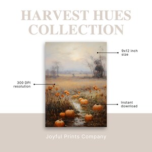 May include: A digital painting of a field with pumpkins and a stream. The painting is in a muted colour palette of browns, oranges, and yellows. The text "HARVEST HUES COLLECTION" is at the top of the image. The text "Joyful Prints Company" is at the bottom of the image. The painting is 9x12 inches and 300 DPI.
