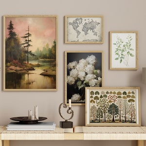 Conjunto de 5 impressões de arte antigas ecléticas vintage mapa-múndi tapeçaria folhas floresta flores l galeria de arte digital parede | Download instantâneo