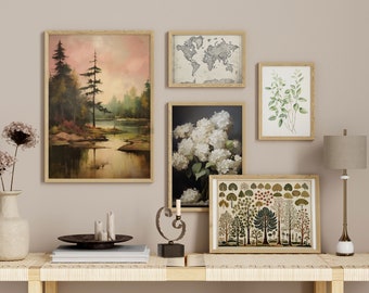Juego de 5 impresiones de arte antiguo ecléctico vintage Mapa del mundo Tapiz Hojas Bosque Flores l Galería de arte digital de pared / Descarga instantánea