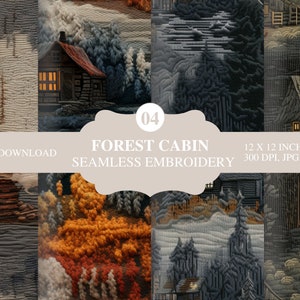 Puede incluir: Una descarga digital con ocho patrones de bordado sin costuras. Los diseños muestran escenas de cabañas forestales con cabañas acogedoras, árboles y paisajes naturales. Los patrones miden 30,48 x 30,48 cm y están disponibles en formatos JPG y PNG.