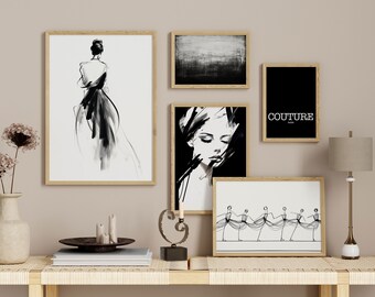 Conjunto de 5 impresiones de arte de alta costura moderna / Estilo de alta costura / Blanco y negro / Galería de arte digital de pared / Descarga instantánea