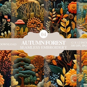 May include: A seamless embroidery pattern featuring a colorful autumn forest scene with trees, leaves, flowers, and berries. The pattern is 12 inches by 12 inches and is available for instant download.