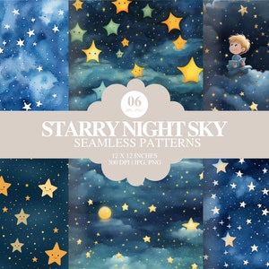Set of 6 Digital Seamless Paper Textures | Night Time Nighttime Stars Starry Sky Nursery Theme | Instant Download