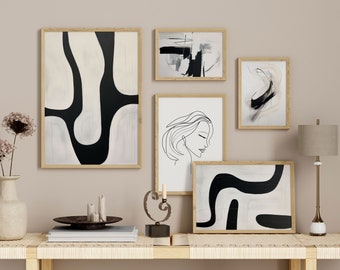 Conjunto de 5 impresiones artísticas minimalistas / Blanco y negro neutro / Galería de arte digital de pared / Descarga instantánea
