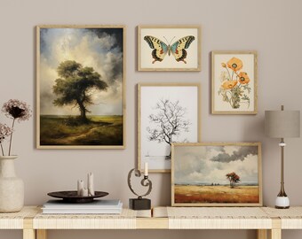 Conjunto de 5 impresiones de arte antiguo ecléctico vintage Naturaleza Mariposas Flores Paisaje Árboles Bosque l Galería de arte digital de pared / Descarga instantánea