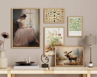 Conjunto de 5 impresiones de arte antiguo ecléctico vintage: bailarina, alce, insectos, flores. Galería de arte digital de pared. Descarga instantánea.