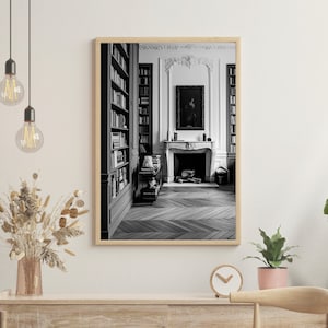 Parisian Apartment Bookcase Book Case Bookshelf Book Shelf Fire Place Fireplace Digital Art Print | Black and White | Instant Download