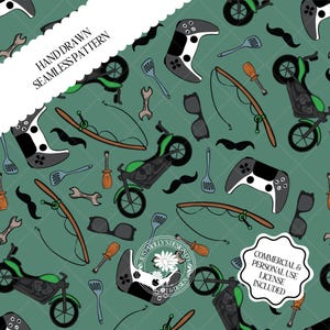 May include: Seamless pattern with a teal background featuring motorcycles, game controllers, fishing rods, mustaches, sunglasses, and tools. The words "HAND DRAWN SEAMLESS PATTERN" are in a white banner. Includes a commercial and personal use license.
