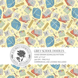 Girly School Doodles Back to School Hand Drawn Seamless Pattern Digital PNG File Download Classroom Decor Theme Digital Scrapbook Paper
