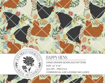Chicken Lover Chicken Mom Hand Drawn Seamless File Download Cottagecore Flower Fabric PNG Surface Design Farmhouse Digital Pattern Cute Boho