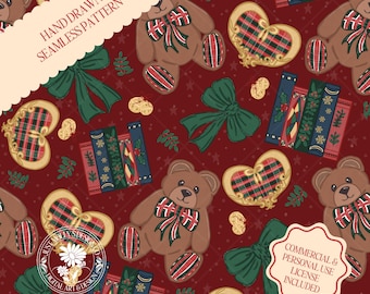 Orsacchiotto di peluche vintage da polo, disegnato a mano, motivo natalizio nostalgico, senza cuciture, tessuto per le feste, preppy, civettuola, carta digitale
