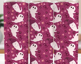 Senza cuciture, carino, fantasmino, coquette, 20 once, tumbler sottile, sublimazione, 300 DPI, tumbler dritto, PNG, tumbler digitale di Halloween, fantasmino femminile