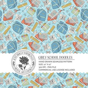 Girly School Doodles Back to School Hand Drawn Seamless Pattern Digital PNG File Download Classroom Decor Theme Digital Scrapbook Paper
