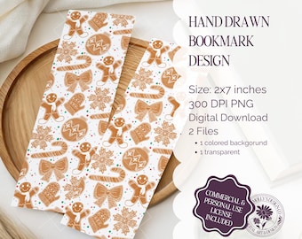 May include: Two rectangular bookmarks with a gingerbread theme. The bookmarks are 2x7 inches and feature a repeating pattern of gingerbread men, snowflakes, bows, and candy canes in brown and white. The text "HAND DRAWN BOOKMARK DESIGN" is visible.