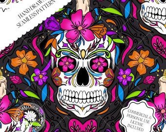 Sugar Skull Flowers Hand Drawn Day of the Dead Seamless Pattern Dia De Los Muertos Vibrant Colorful  Fabric Digital Paper Scrapbook PNG