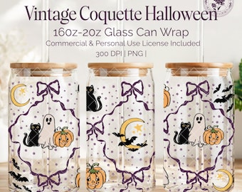 Vintage Coquette Halloween Glass Can Wrap 16oz 20oz  Wrap PNG Ghost Cat Pumpkin Bows Cup Design Cute Spooky Girly Aesthetic UVDTF