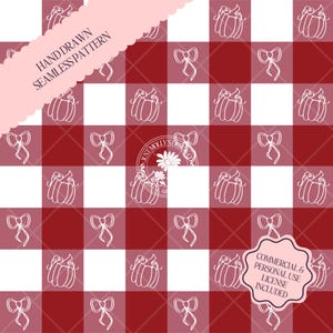Op de afbeelding: Naadloos patroon met een rood-witte geruite achtergrond, versierd met witte pompoenen en strikken. De tekst "HAND DRAWN SEAMLESS PATTERN" staat op een roze banner. Commerciële en persoonlijke licentie inbegrepen.