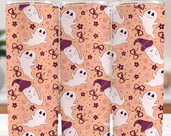 Senza cuciture, carino, fantasmino, coquette, 20 once, tumbler sottile, sublimazione, 300 DPI, tumbler dritto, PNG, tumbler digitale di Halloween, fantasmino femminile
