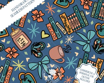 Bookish Boho Coquette Coffee Girly Hand Drawn Seamless File Download Fabric Bookmark Journal Tumbler Wrap PNG Surface Design Gift for Her