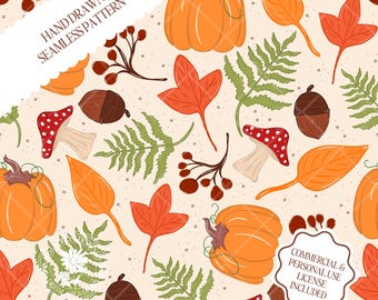 Autumn Whimsy Fall Forest Hand Drawn Nostalgic Cozy Seamless Pattern Cute Fall Fabric Digital Paper PNG Cottagecore Forest Mushrooms Leaves