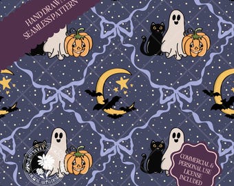 May include: A seamless Halloween pattern featuring ghosts, pumpkins, black cats, bats, and crescent moons with stars. The design is set against a dark blue background with white polka dots and light blue ribbons. The text "HAND DRAWN SEAMLESS PATTERN" is visible.