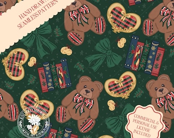 Orsacchiotto di peluche vintage da polo, disegnato a mano, motivo natalizio nostalgico, senza cuciture, tessuto per le feste, preppy, civettuola, carta digitale