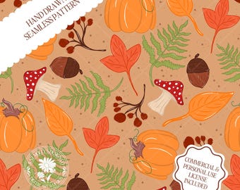Autumn Whimsy Fall Forest Hand Drawn Nostalgic Cozy Seamless Pattern Cute Fall Fabric Digital Paper PNG Cottagecore Forest Mushrooms Leaves