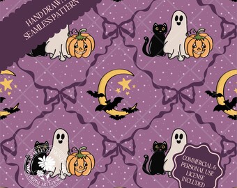 May include: A purple Halloween-themed seamless pattern featuring cartoon ghosts, black cats, jack-o'-lanterns, bats, and crescent moons. The design includes the text "HAND DRAWN SEAMLESS PATTERN" and a license notice. The background has a bow and dot pattern.