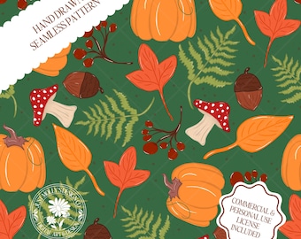 Autumn Whimsy Fall Forest Hand Drawn Nostalgic Cozy Seamless Pattern Cute Fall Fabric Digital Paper PNG Cottagecore Forest Mushrooms Leaves