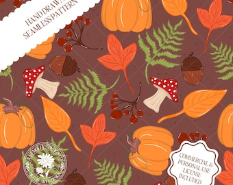 Autumn Whimsy Fall Forest Hand Drawn Nostalgic Cozy Seamless Pattern Cute Fall Fabric Digital Paper PNG Cottagecore Forest Mushrooms Leaves