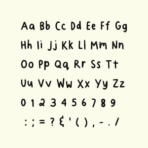 May include: A handwritten alphabet in black ink on a beige background. The alphabet includes uppercase letters, lowercase letters, numbers 0-9, and punctuation marks.