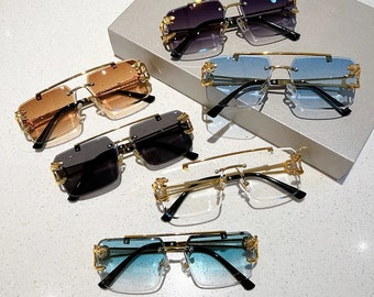 Mode léopard vintage lunettes de soleil sans monture hommes femmes mode surdimensionné lunettes de soleil carrées nouveau double pont dégradé UV400 lunettes de soleil