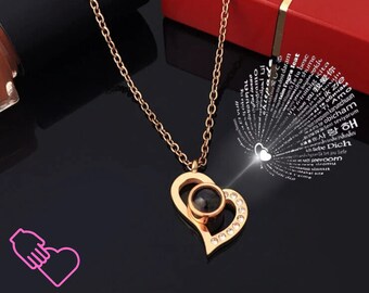 Set di collana con proiezione con confezione regalo di rose in 100 lingue Ti amo, gioielli con ciondolo a cuore