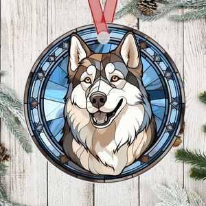 Personalized Siberian Husky Stained Glass Effect Metal Christmas Ornament, Siberian Husky Dog Lover Ornament, Dog Mom Gift