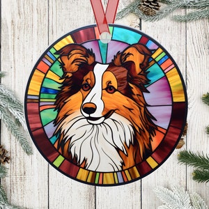 Shetland Sheepdog Stained Glass Effect Metal Ornament, Shetland Sheepdog Christmas Ornament, Sheltie Dog Lover Gift, Dog Mom Birthday Gift