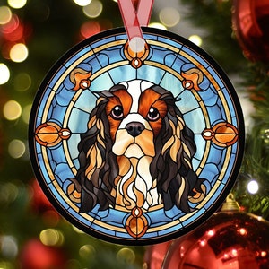 Personalized Tri Color Cavalier King Charles Spaniel Stained Glass Effect Metal Christmas Ornament, Cavalier Dog Ornament, Dog Mom Gift