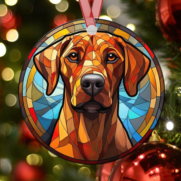 Personalized Rhodesian Ridgeback Stained Glass Effect Metal Christmas Ornament, Dog Lover Ornament, Dog Mom Gift, Custom Dog Memorial Gift