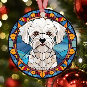 Personalized Bichon Frise Stained Glass Effect Metal Christmas Ornament, Dog Lover Ornament, Dog Mom Gift, Custom Dog Memorial Ornament Gift