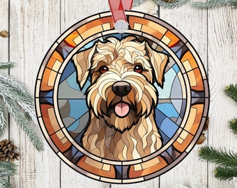 Personalized Soft-coated Wheaton Terrier Stained Glass Effect Metal Christmas Ornament,  SC Wheaton Terrier Dog Lover Ornament, Dog Mom Gift