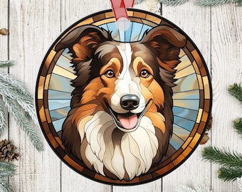 Personalized Collie Stained Glass Effect Metal Christmas Ornament, Collie Lover Ornament, Dog Mom Gift