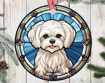 Personalized Maltese Stained Glass Effect Metal Christmas Ornament, Maltese Dog Lover Ornament, Dog Mom Gift, Custom Dog Memorial Ornament