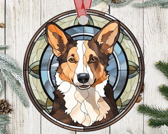 Personalized Cardigan Welsh Corgi Stained Glass Effect Metal Christmas Ornament,   Dog Mom Gift, Custom Dog Memorial Ornament Gift