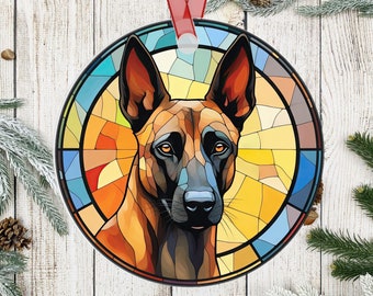 Personalized Belgian Malinois Stained Glass Effect Metal Christmas Ornament, Belgian Malinois Dog Lover Ornament, Dog Lover Gift