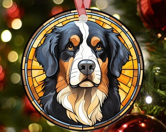 Personalized Bernese Mountain Dog Stained Glass Effect Metal Christmas Ornament, Bernese Mountain Dog Memorial Ornament, Bernese Lover Gift
