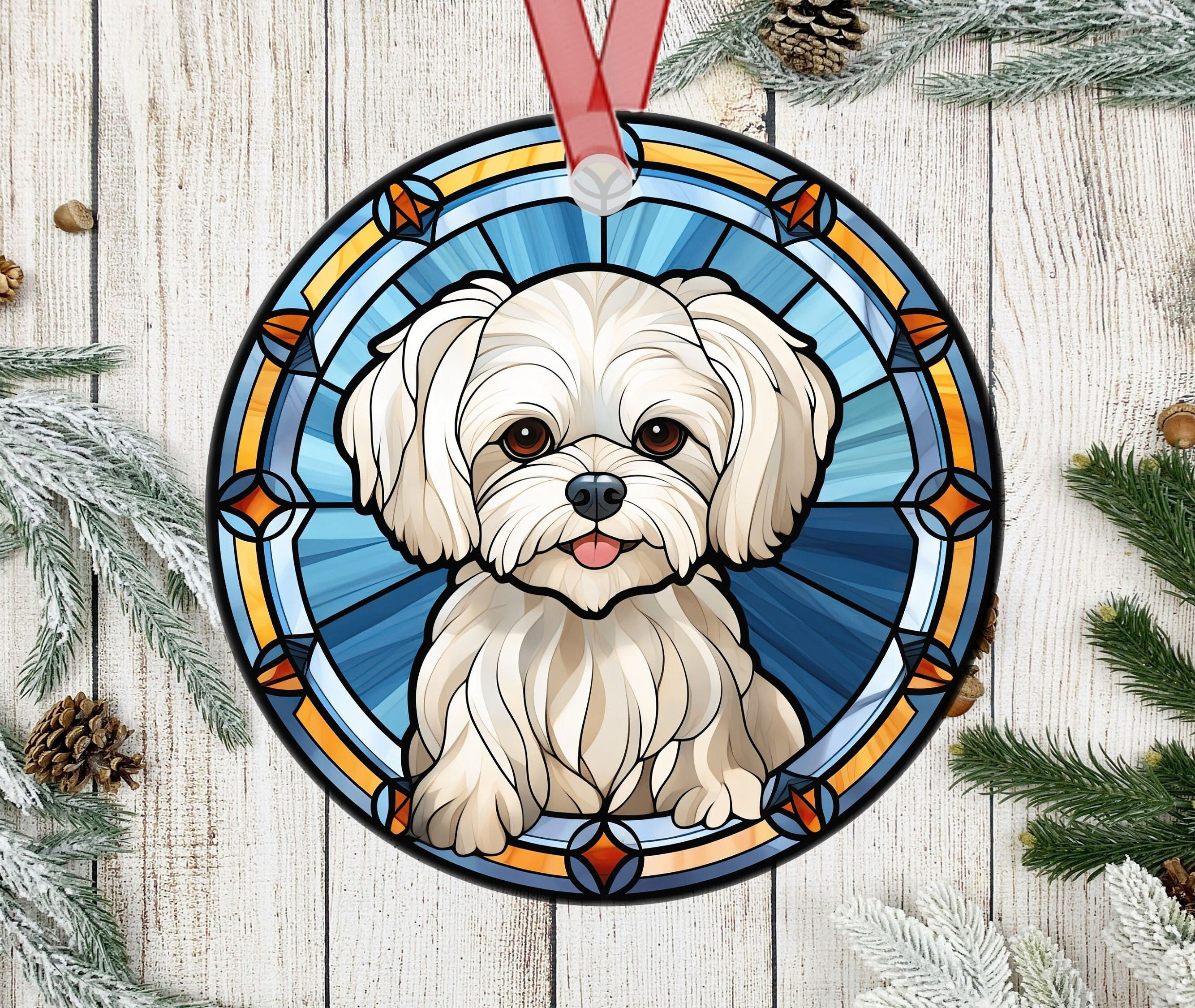 Personalized Maltese Stained Glass Effect Metal Christmas Ornament