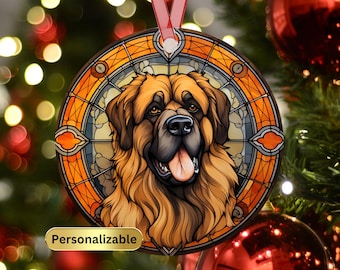 Personalized Leonberger Stained Glass Effect Metal Christmas Ornament, Dog Lover Ornament, Dog Mom Gift, Custom Dog Memorial Ornament